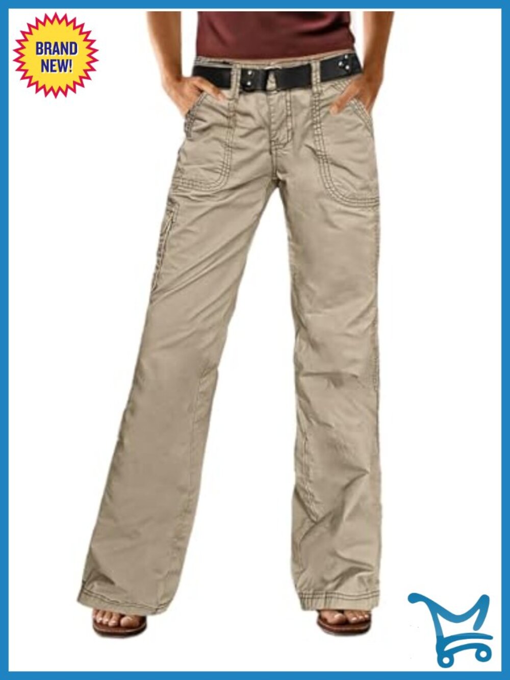 Wide Leg Bootcut Cargo Pants Mid Waist Flap Pocket Seam Front Work Dress Pants